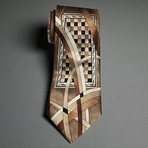 Vintage Art Deco Mens Tie Brown Taupe Black Checkerboard Made In USA Gianno